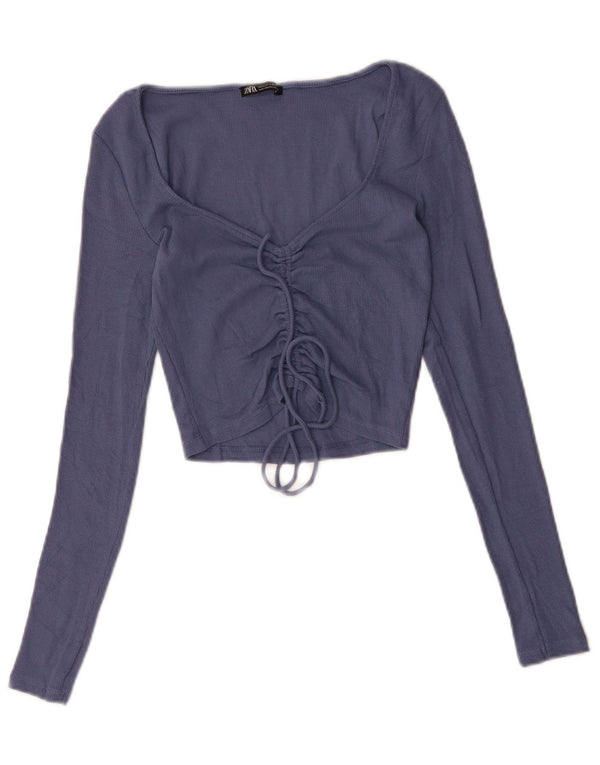 ZARA Womens Crop Top Long Sleeve UK 12 Medium Blue Cotton