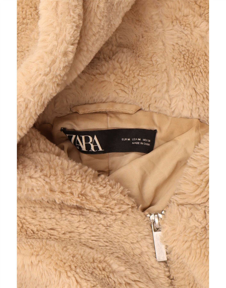 Zara Womens Teddy Bear Hooded Bomber Jacket UK 14 Medium Beige Polyester