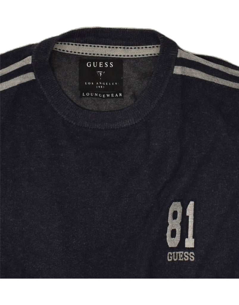 GUESS Mens Graphic Crew Neck Jumper Sweater Medium Navy Blue Viscose Vintage Guess and Second-Hand Guess from Messina Hembry 