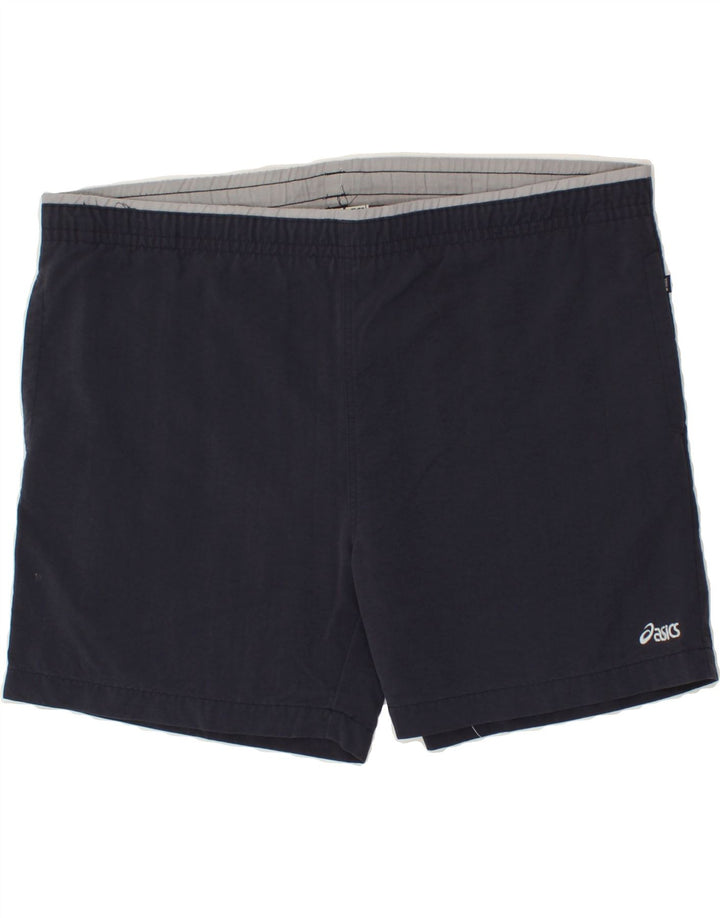 ASICS Mens Graphic Sport Shorts XL Navy Blue Nylon Vintage Asics and Second-Hand Asics from Messina Hembry 