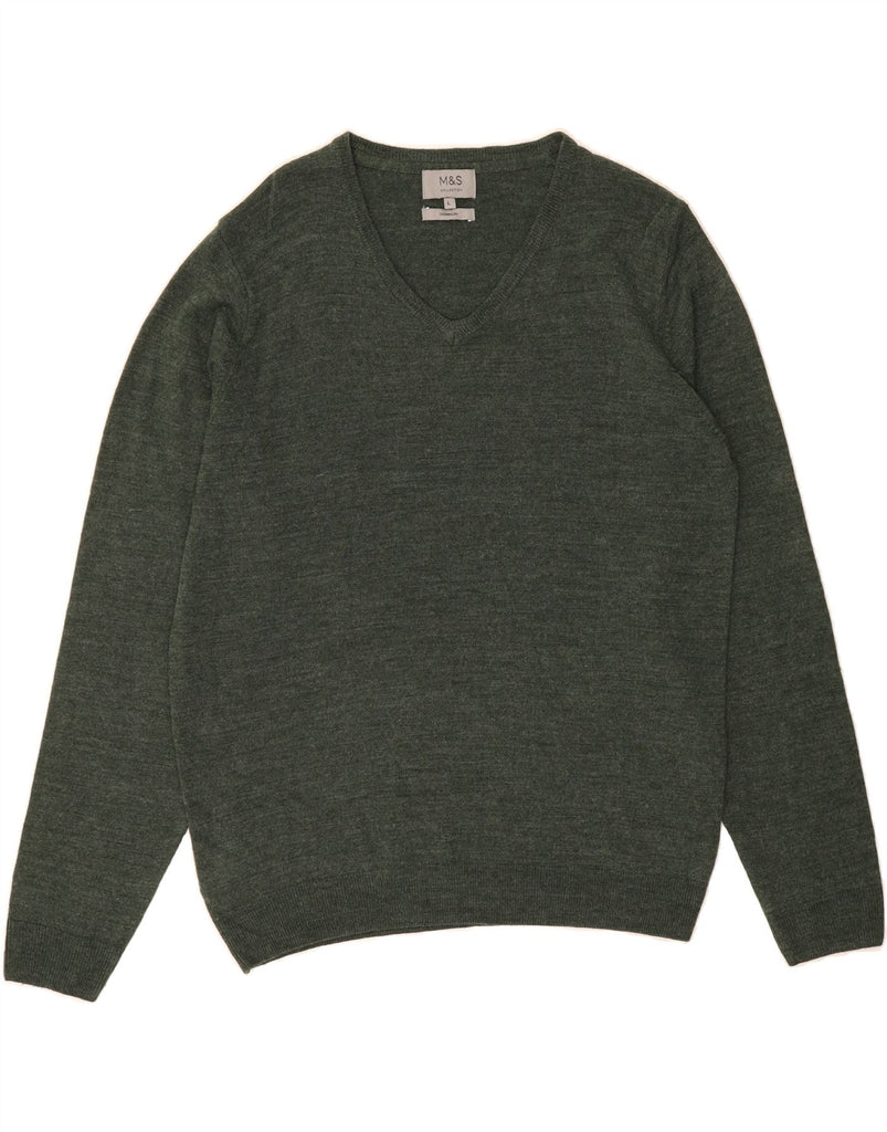 MARKS & SPENCER Mens V-Neck Jumper Sweater Large Green Acrylic Vintage Marks & Spencer and Second-Hand Marks & Spencer from Messina Hembry 