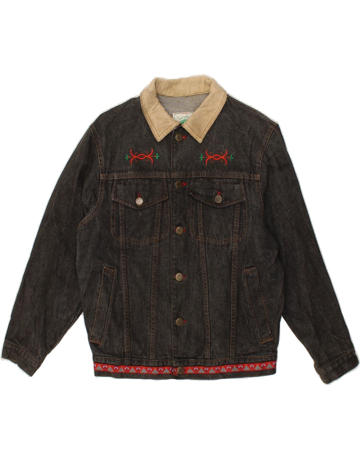 BENETTON Girls Graphic Denim Jacket 15-16 Years XL Navy Blue