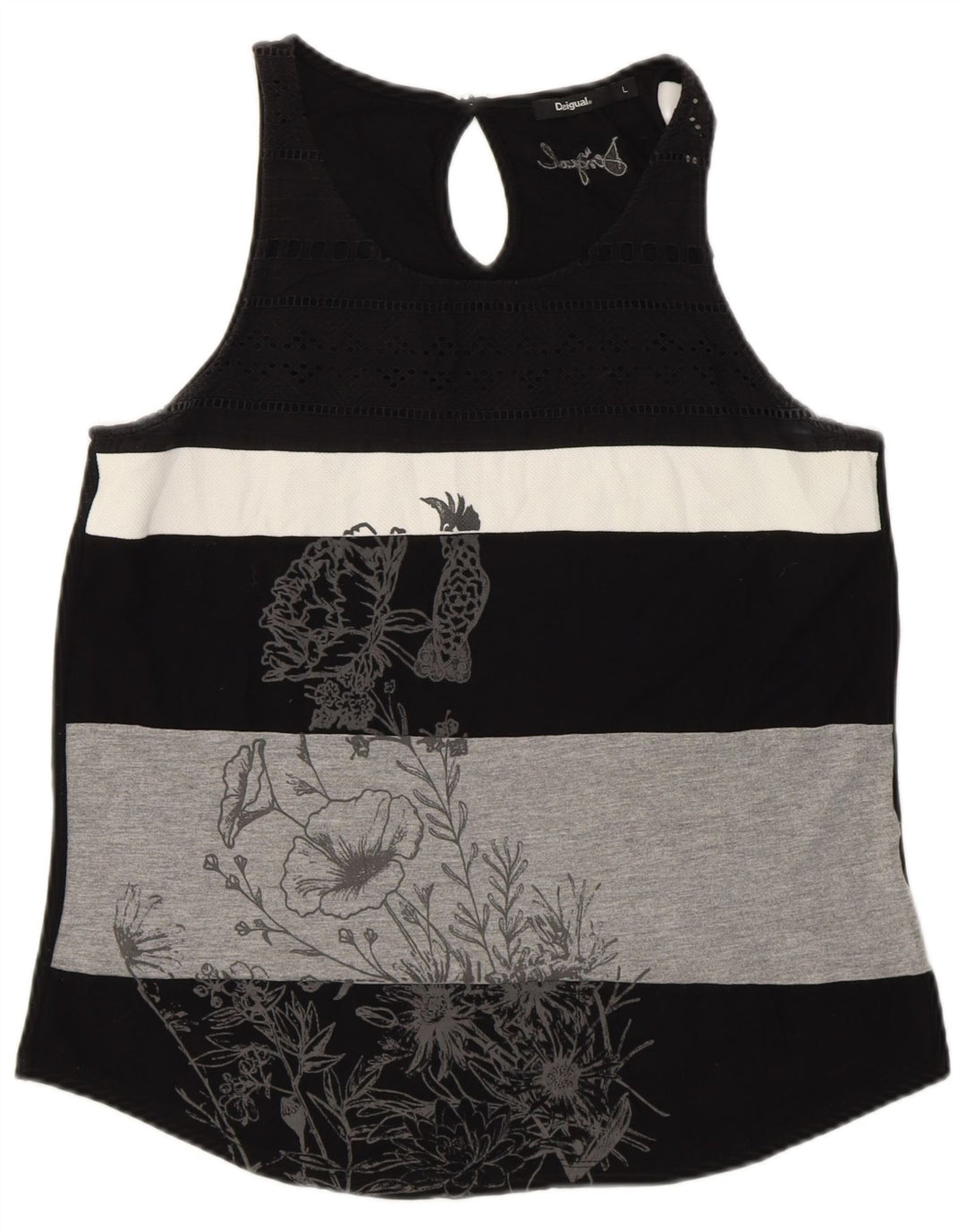 DESIGUAL Womens Graphic Vest Top UK 14 Large Black Striped