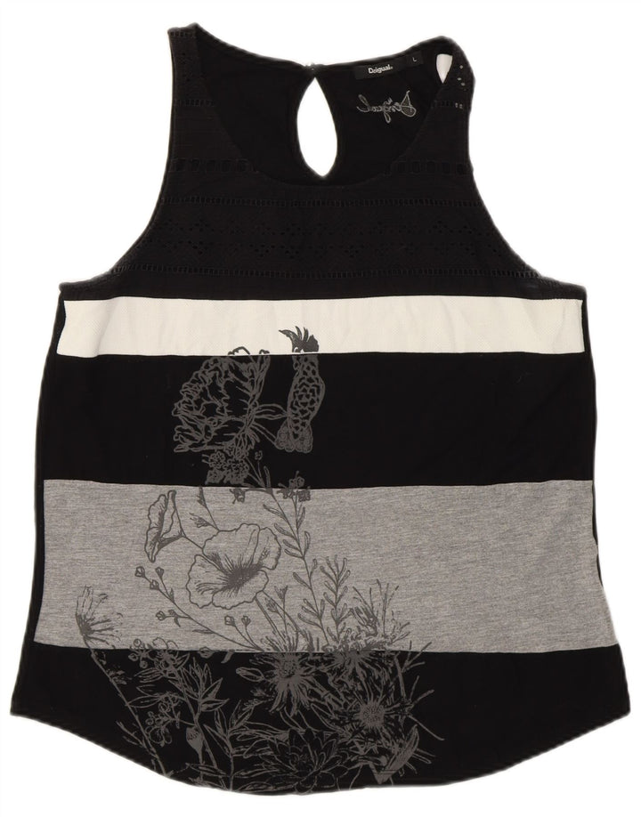 DESIGUAL Womens Graphic Vest Top UK 14 Large Black Striped