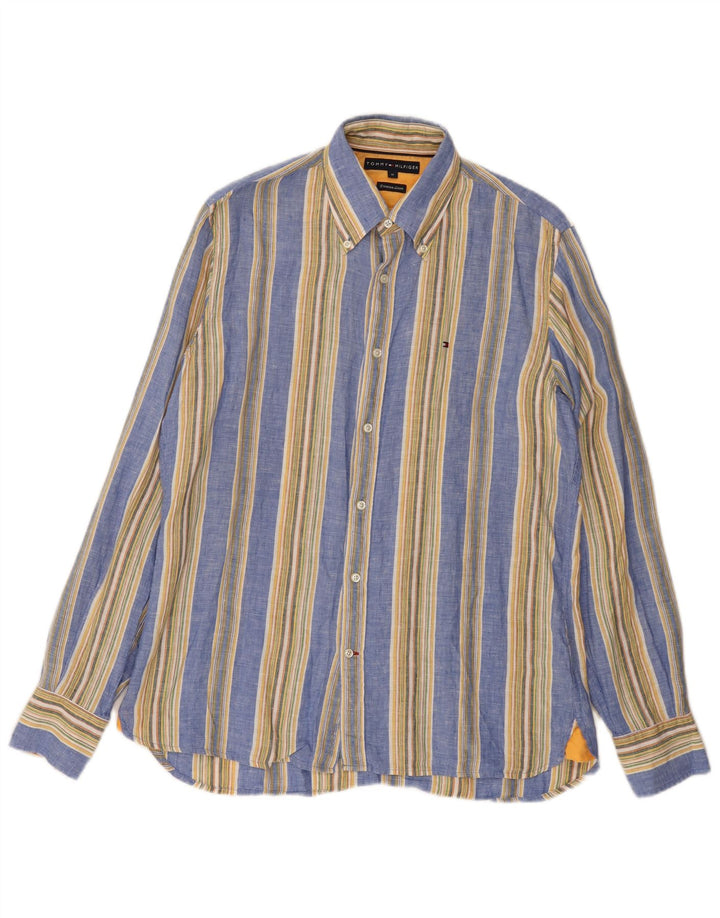 Tommy Hilfiger Mens Shirt Medium Blue Striped Linen