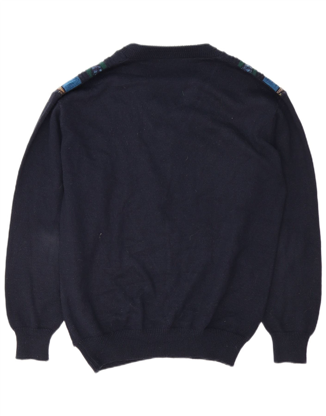Vintage Mens V-Neck Jumper Sweater Large Navy Blue Geometric Polyacrylic