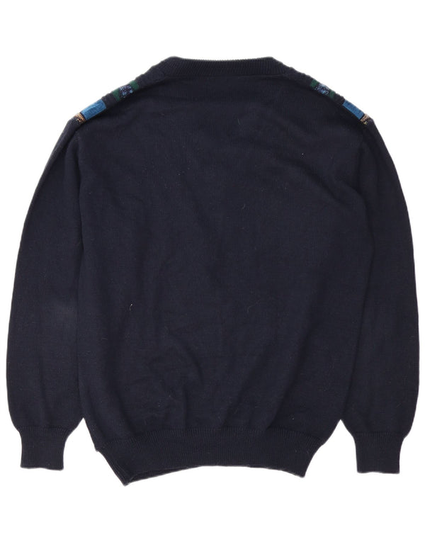 Vintage Mens V-Neck Jumper Sweater Large Navy Blue Geometric Polyacrylic