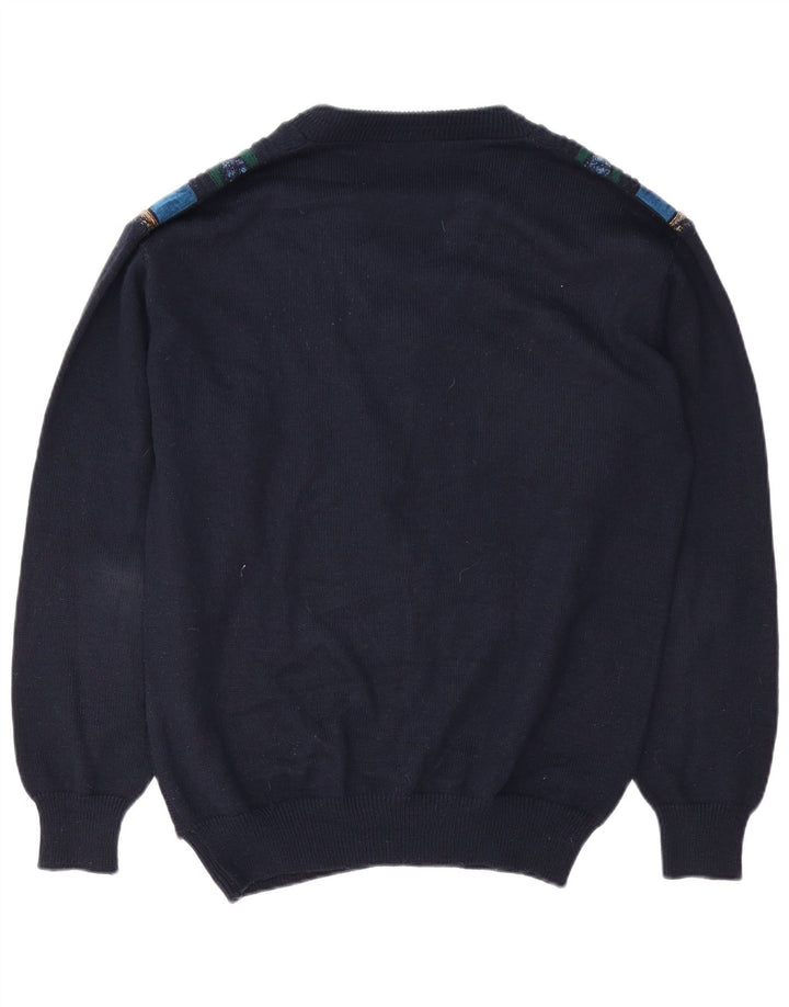 Vintage Mens V-Neck Jumper Sweater Large Navy Blue Geometric Polyacrylic