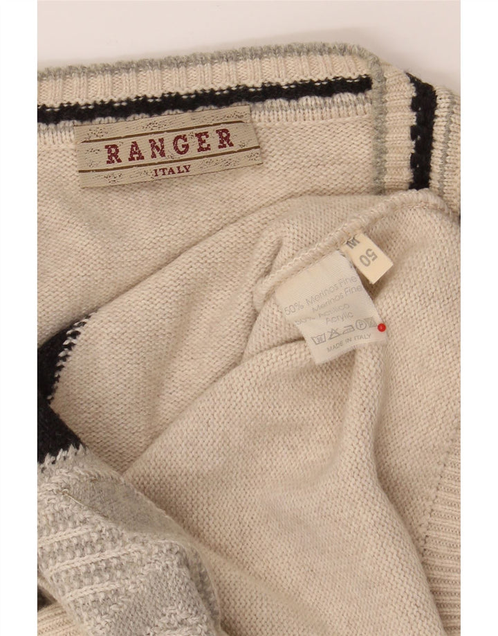 RANGER Mens V-Neck Jumper Sweater IT 50 Medium Beige Argyle/Diamond Vintage Ranger and Second-Hand Ranger from Messina Hembry 
