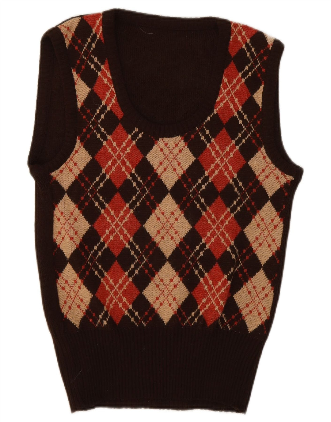 Vintage Womens Vest Tank Top UK 10 Small Brown Argyle/Diamond