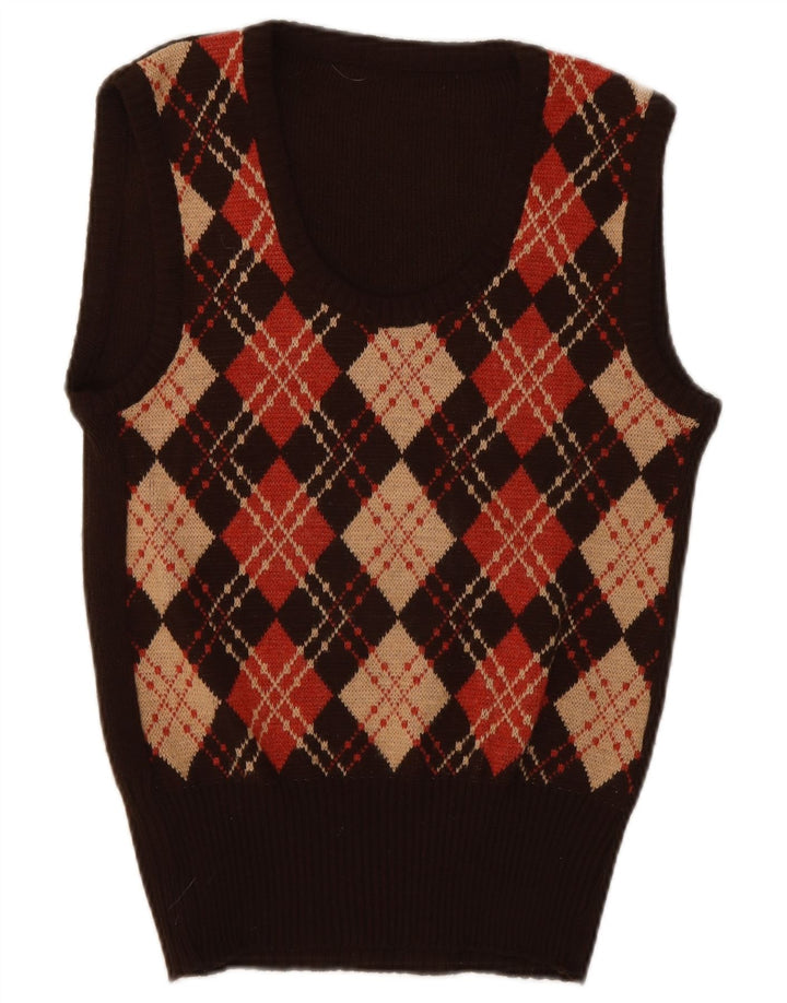 Vintage Womens Vest Tank Top UK 10 Small Brown Argyle/Diamond