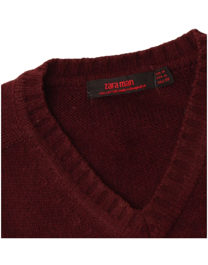 Zara Mens V-Neck Jumper Sweater Medium Burgundy