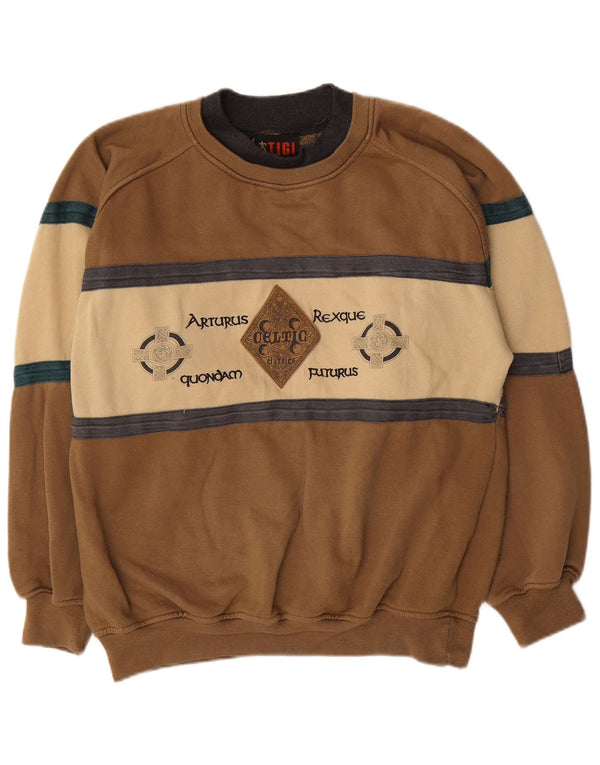 Vintage Mens Graphic Sweatshirt Jumper Small Brown Colourblock Polyester