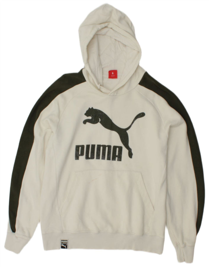 PUMA Mens Graphic Hoodie Jumper Medium Off White Colourblock Cotton