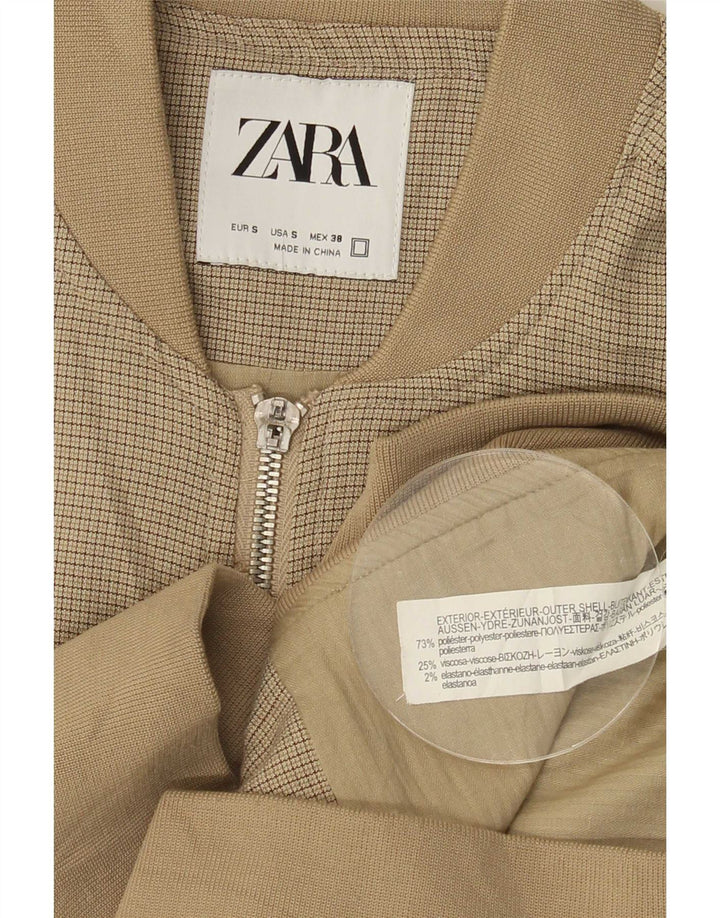 Zara Mens Bomber Jacket UK 36 Small Beige Check Polyester