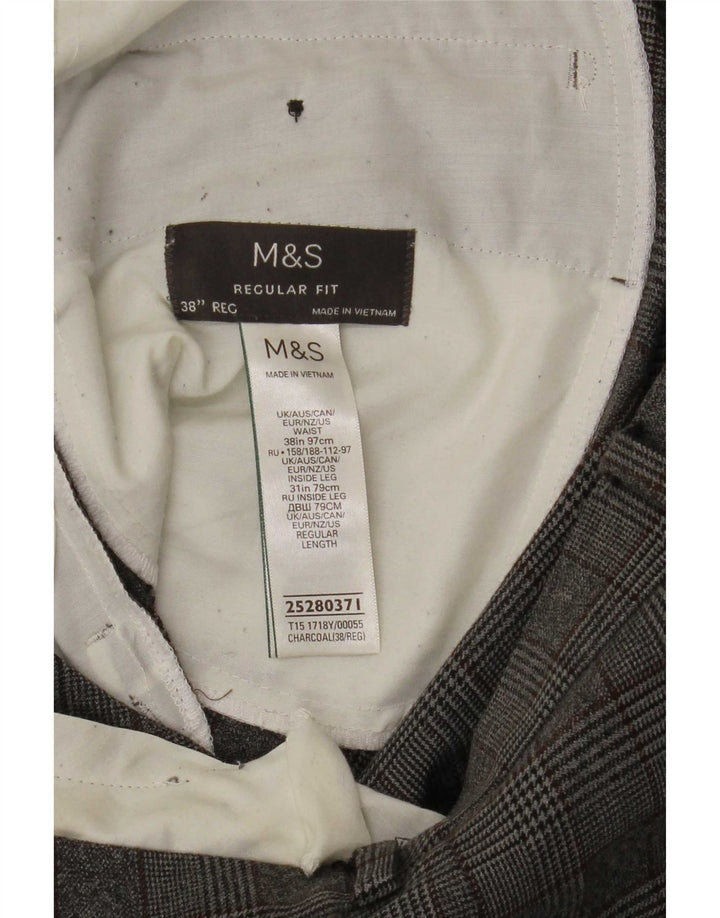 Marks & Spencer Mens Regular Fit Suit Trousers W38 L31 Grey Check Polyester