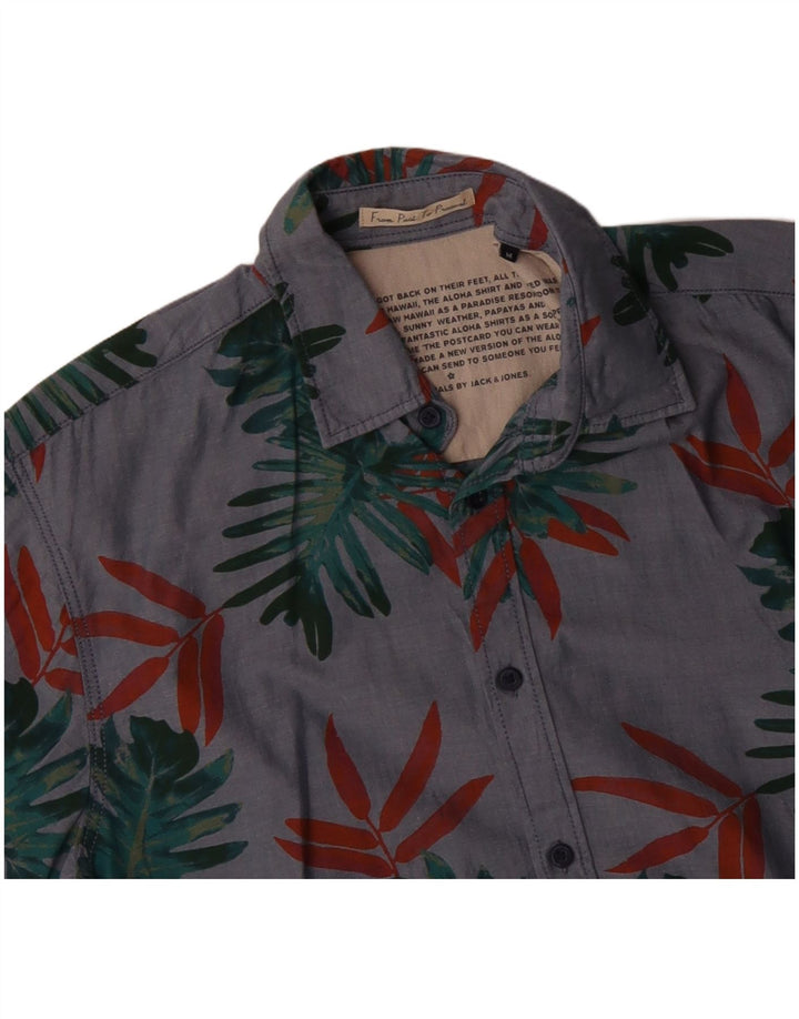 JACK & JONES Mens Short Sleeve Shirt Medium Grey Floral Cotton