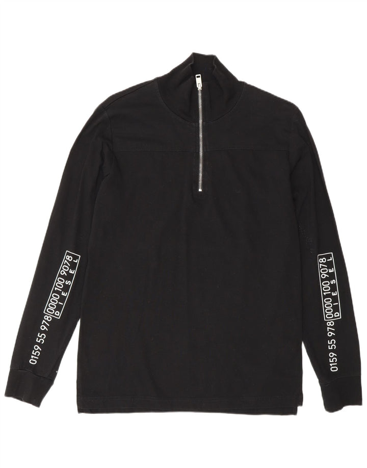 Diesel Mens Graphic Zip Neck Jumper Sweater Small Black Cotton