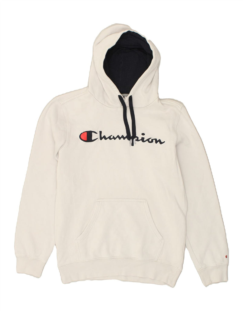 CHAMPION Mens Graphic Hoodie Jumper Small Off White Cotton | Vintage Champion | Thrift | Second-Hand Champion | Used Clothing | Messina Hembry 