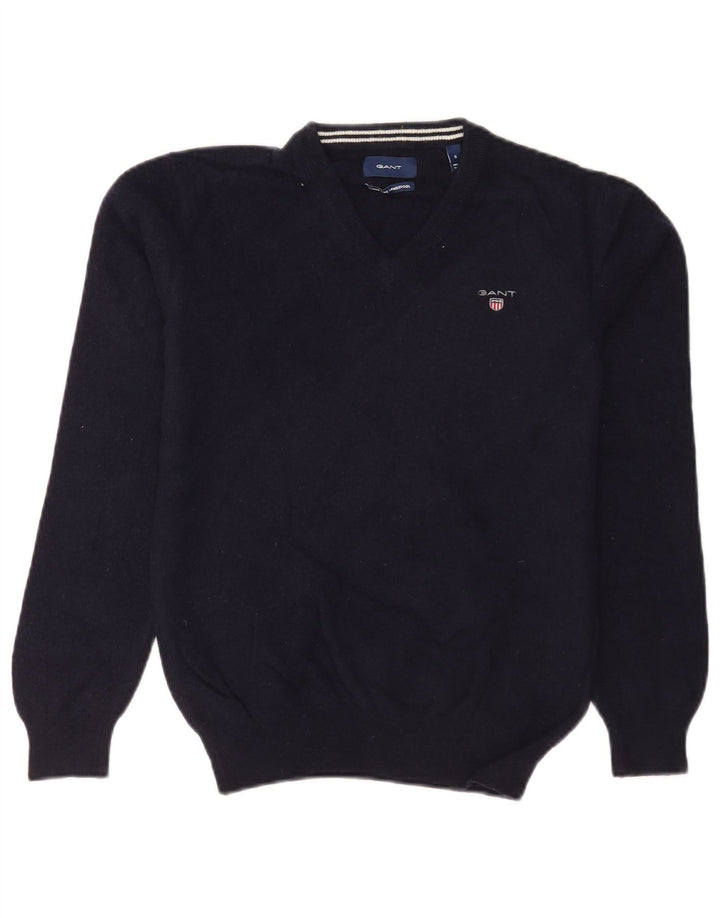 Gant Womens V-Neck Jumper Sweater UK 10 Small Navy Blue Lambswool