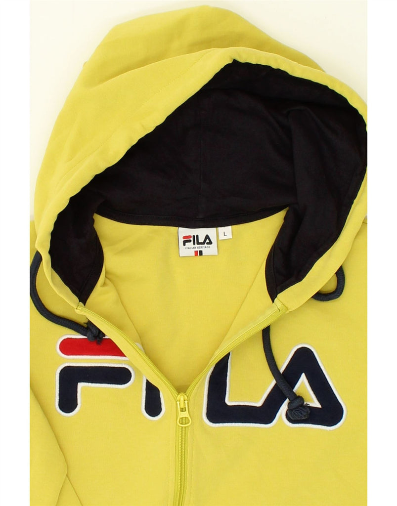 FILA Womens Heritage Graphic Zip Hoodie Sweater UK 16 Large Yellow Cotton | Vintage Fila | Thrift | Second-Hand Fila | Used Clothing | Messina Hembry 