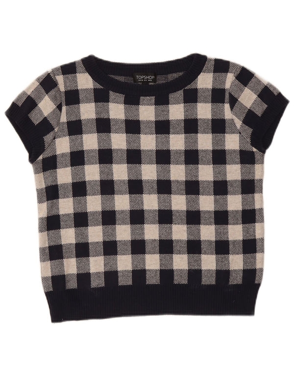 Topshop Womens Crop Boat Neck Jumper Sweater UK 10 Small Navy Blue Gingham
