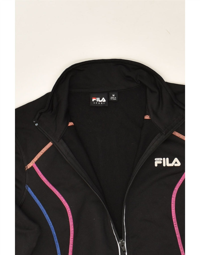 FILA Womens Graphic Tracksuit Top Jacket UK 12 Medium Black Polyester | Vintage Fila | Thrift | Second-Hand Fila | Used Clothing | Messina Hembry 