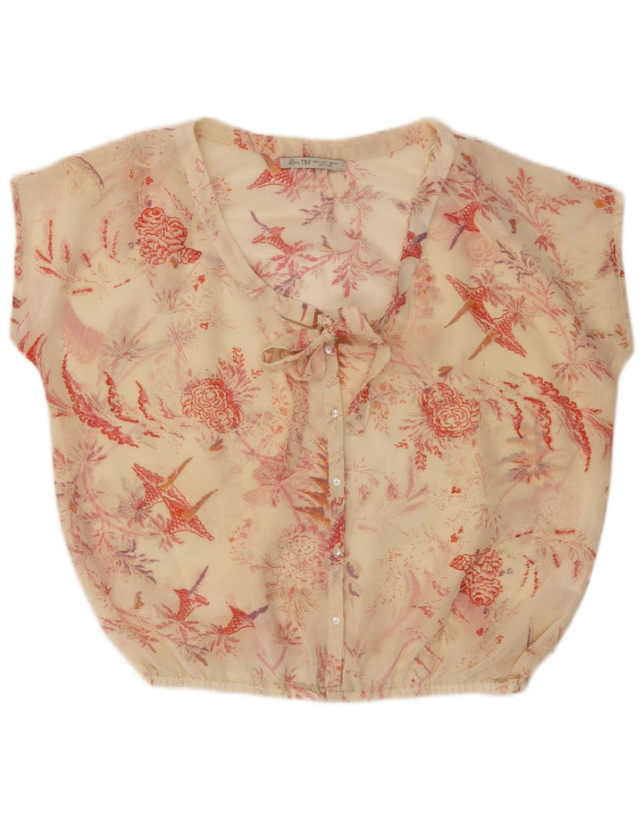 Zara Womens Short Sleeve Blouse Top UK 16 Large Beige Floral Polyester