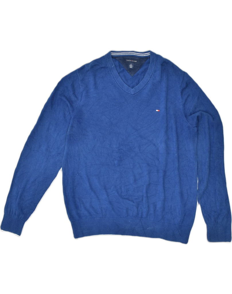 TOMMY HILFIGER Mens V-Neck Jumper Sweater Medium Blue Cotton | Vintage | Thrift | Second-Hand | Used Clothing | Messina Hembry 