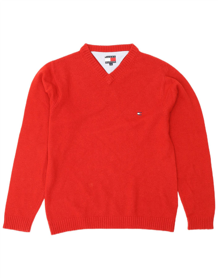 TOMMY HILFIGER Mens V-Neck Jumper Sweater Small Red Lambswool