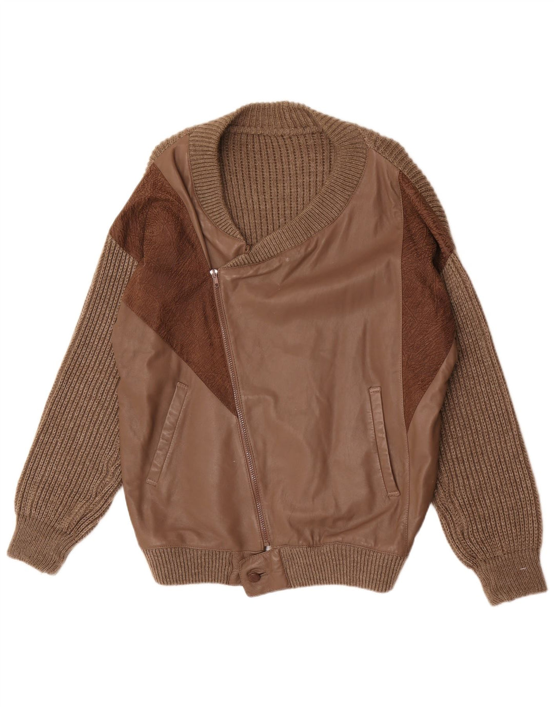 Vintage Mens Leather Cardigan Sweater Large Brown Wool