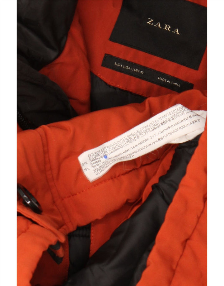 Zara Mens Hooded Padded Jacket UK 40 Large Orange Polyester