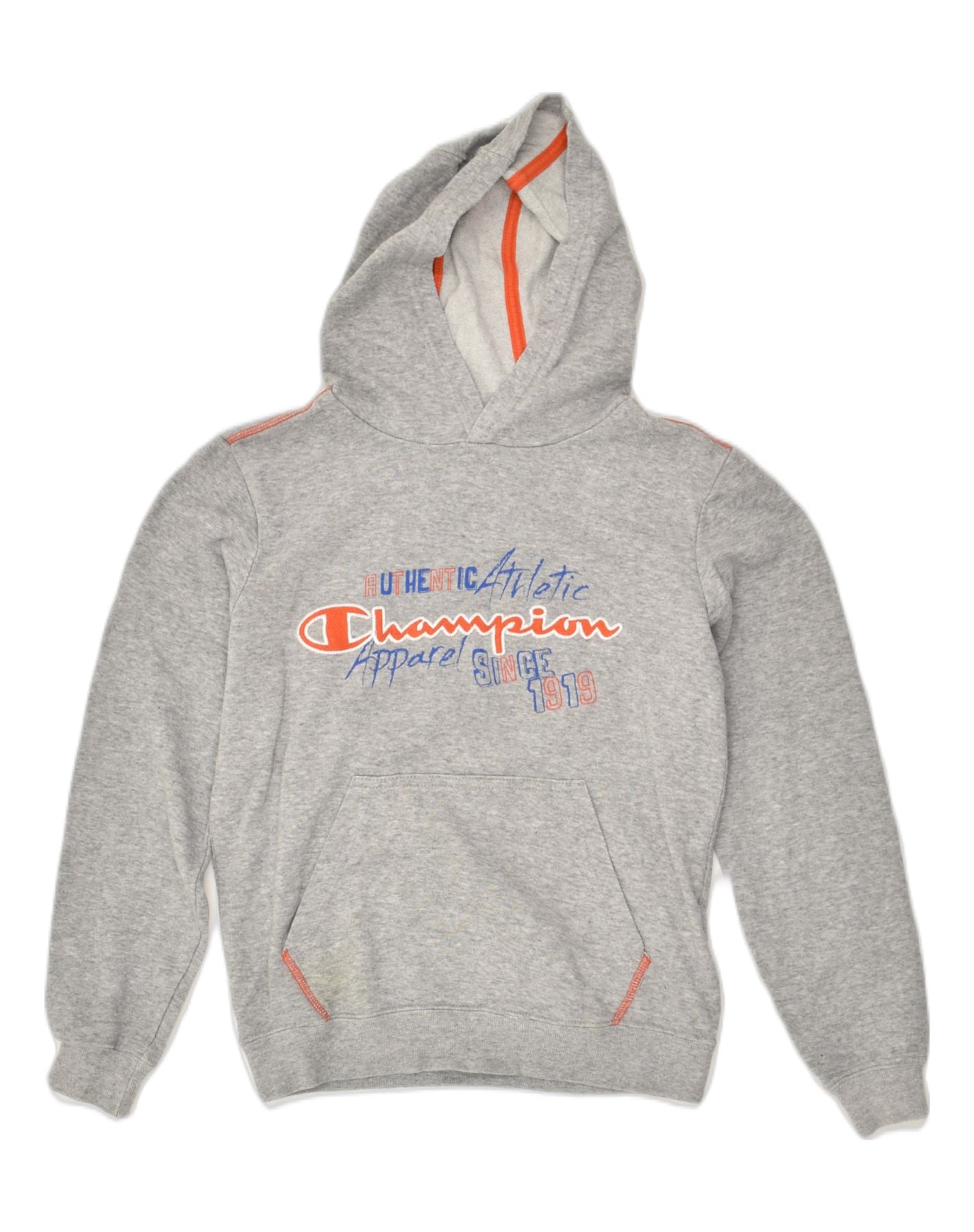 CHAMPION Boys Graphic Hoodie Jumper 9-10 Years Medium Grey Cotton