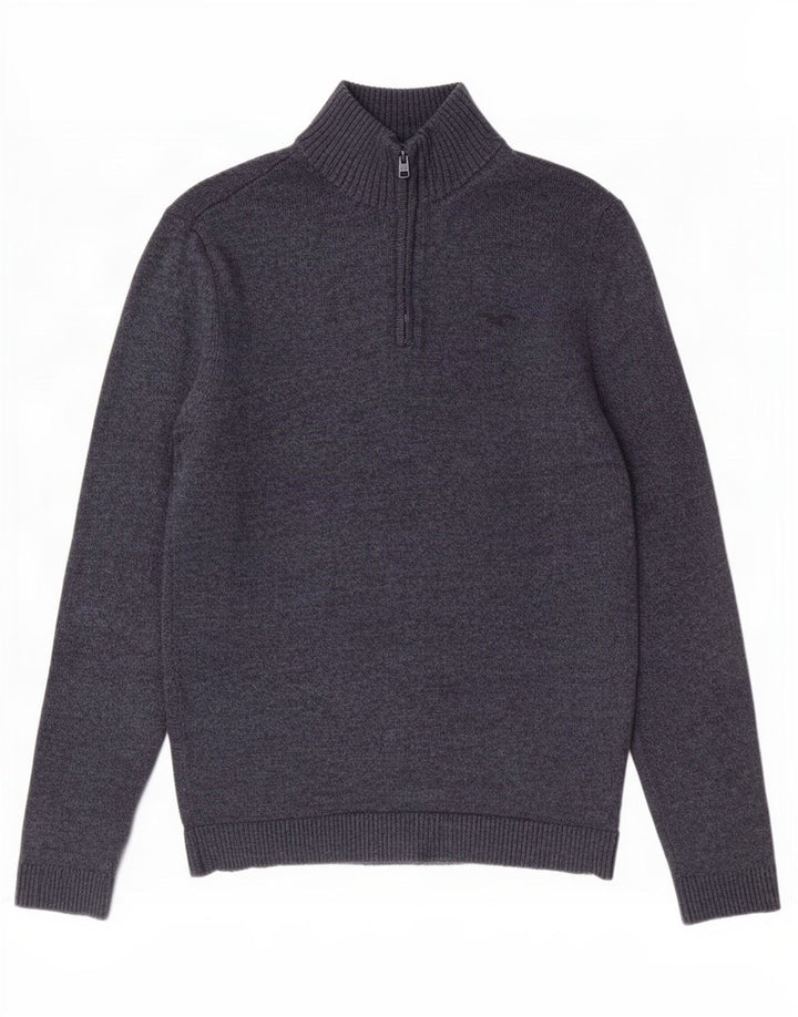 Hollister Mens Zip Neck Jumper Sweater Medium Navy Blue Cotton