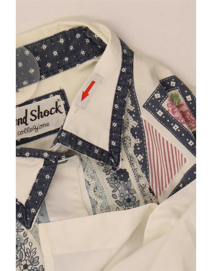 Vintage Womens Oversized Shirt Blouse UK 14 Medium White Geometric Cotton