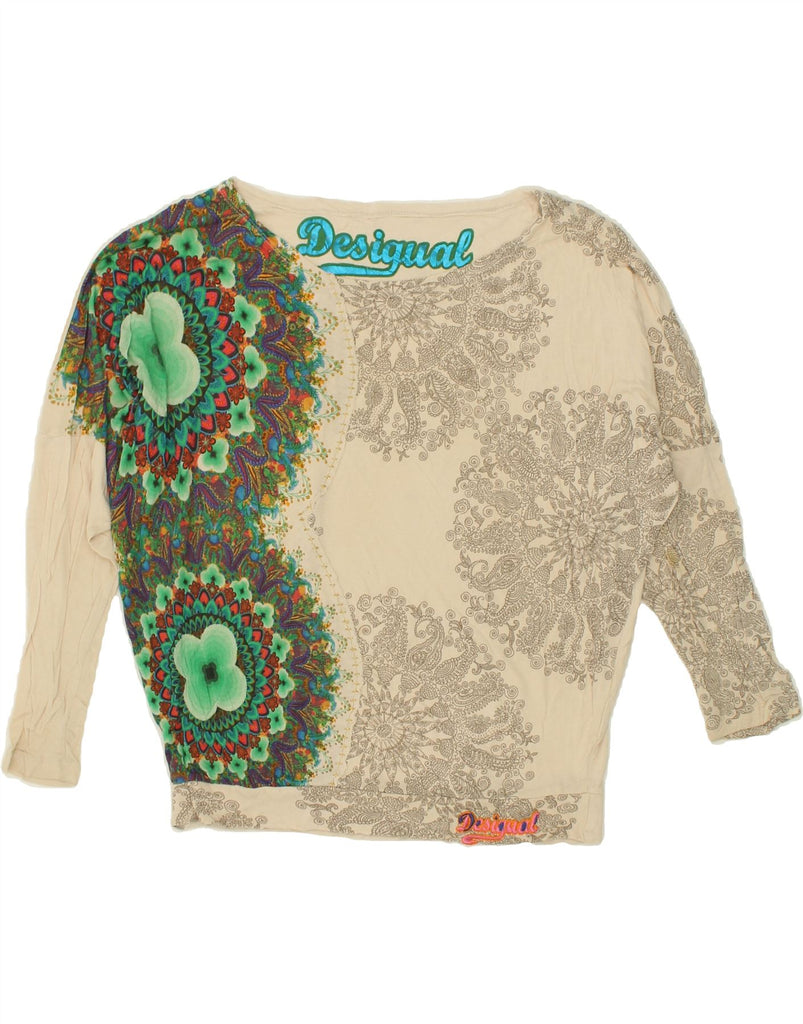 DESIGUAL Womens Batwing Graphic Top Long Sleeve UK 10 Small Beige Floral Vintage Desigual and Second-Hand Desigual from Messina Hembry 