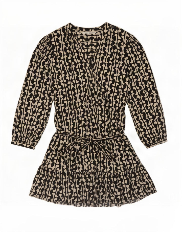 Zara Womens Oversized Abstract Pattern Tiered Dress UK 16 Large Black