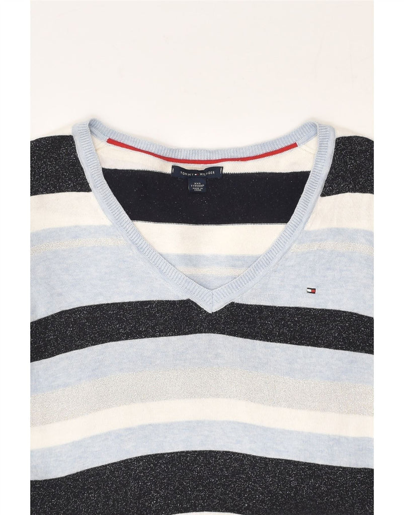 TOMMY HILFIGER Womens V-Neck Jumper Sweater UK 2 2XS Blue Striped Cotton | Vintage Tommy Hilfiger | Thrift | Second-Hand Tommy Hilfiger | Used Clothing | Messina Hembry 