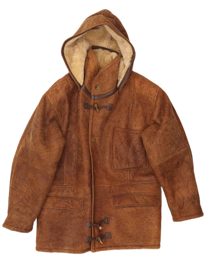 VINTAGE Mens Hooded Shearling Jacket IT 50 Large Brown Shearling