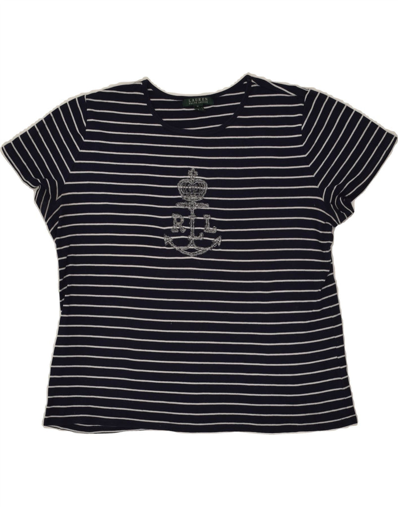 RALPH LAUREN Womens Graphic T-Shirt Top UK 18 XL Navy Blue Striped Cotton | Vintage Ralph Lauren | Thrift | Second-Hand Ralph Lauren | Used Clothing | Messina Hembry 