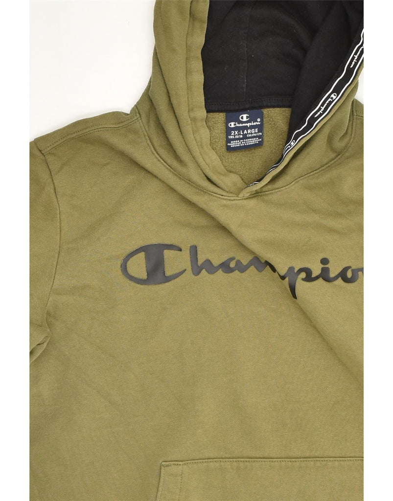 CHAMPION Boys Graphic Hoodie Jumper 15-16 Years 2XL Khaki Cotton | Vintage Champion | Thrift | Second-Hand Champion | Used Clothing | Messina Hembry 