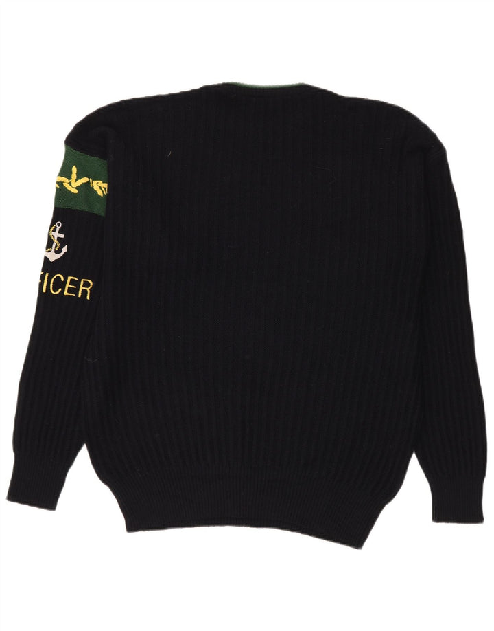 VINTAGE Mens Graphic Crew Neck Jumper Sweater XL Navy Blue Wool