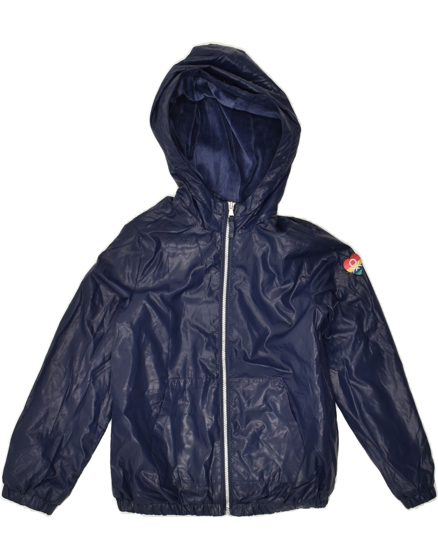 BENETTON Girls Hooded Rain Jacket 5-6 Years Small Navy Blue