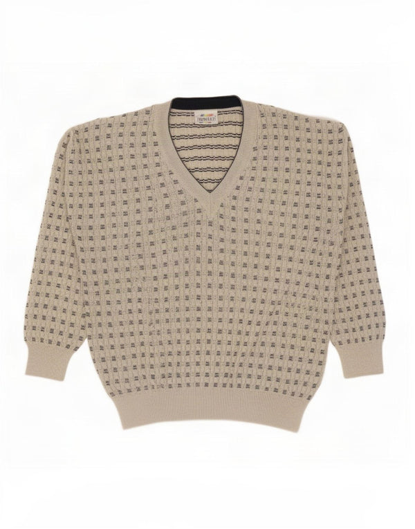 Monello Mens V-Neck Jumper Sweater IT 52 Large Beige Striped Cotton