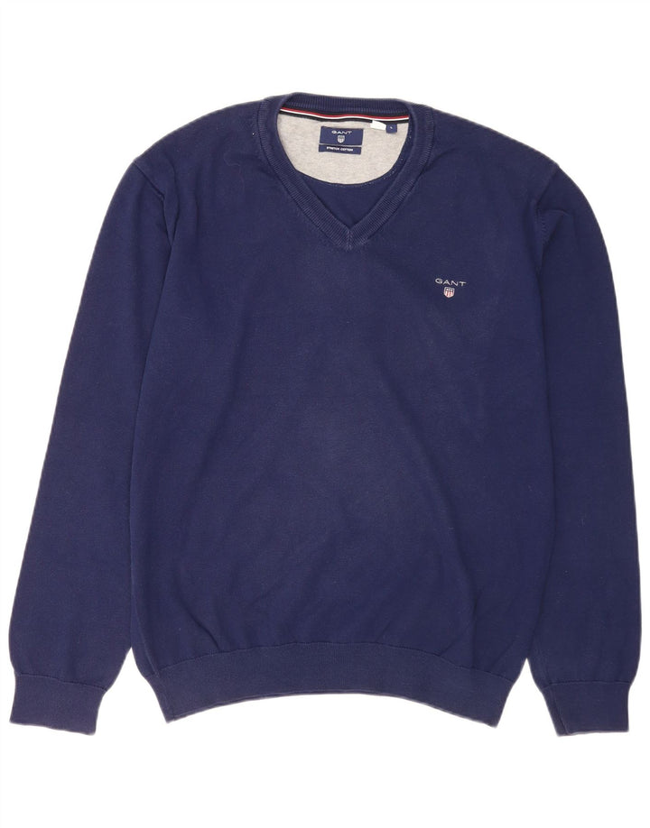 Gant Mens V-Neck Jumper Sweater Large Navy Blue Polyamide