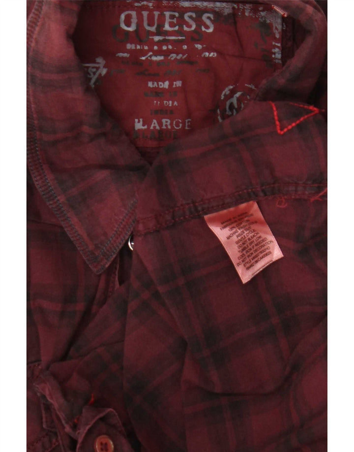 Guess Mens Graphic Flannel Shirt Large Burgundy Check Cotton