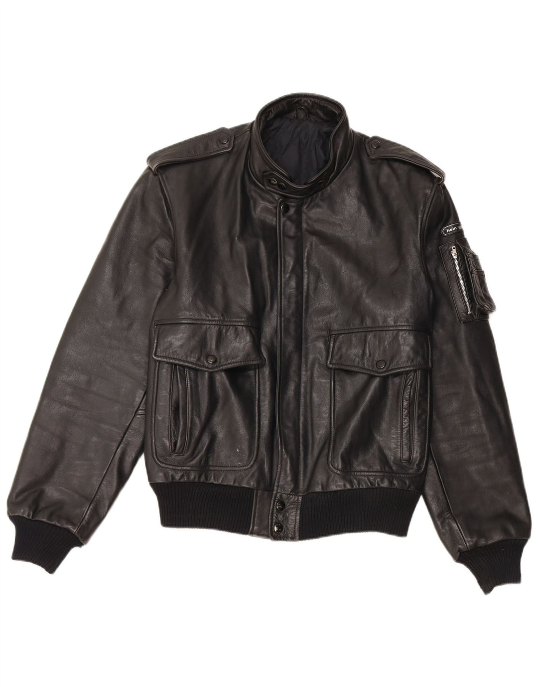 Vintage Mens Leather Military Jacket UK 38 Medium Black Leather