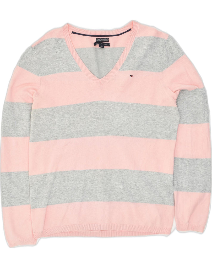 TOMMY HILFIGER Womens V-Neck Jumper Sweater UK 14 Large Pink Striped | Vintage Tommy Hilfiger | Thrift | Second-Hand Tommy Hilfiger | Used Clothing | Messina Hembry 