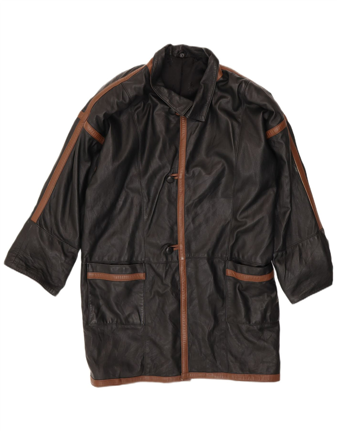 VINTAGE Mens Leather Coat UK 40 Large Black Colourblock