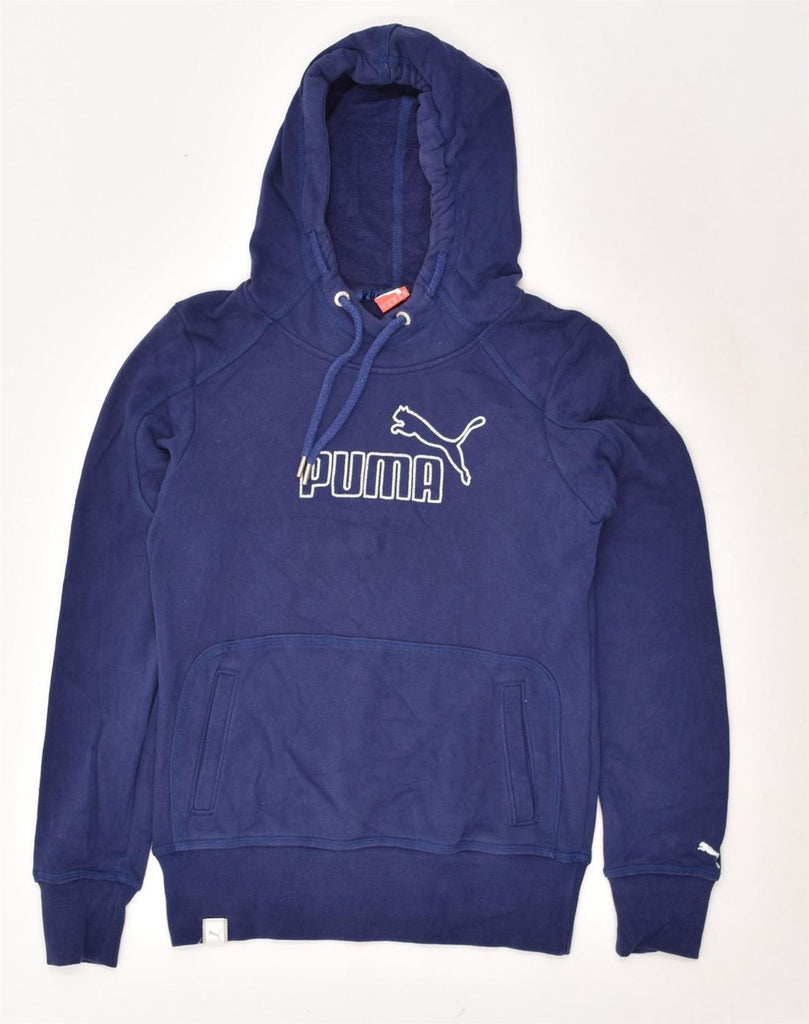 PUMA Womens Graphic Hoodie Jumper UK 10 Small Navy Blue Cotton | Vintage Puma | Thrift | Second-Hand Puma | Used Clothing | Messina Hembry 